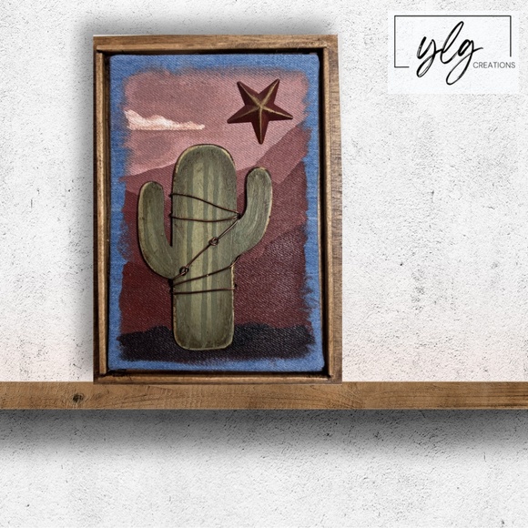 Mixed Media Art Saguaro Cactus Tan Mauve Sunset Star Desert Wood Southwest 6 x 8 - Picture 1 of 8